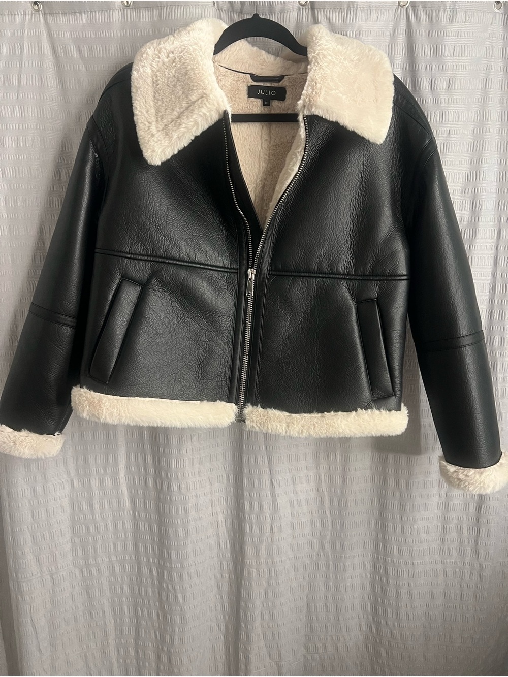 Women's Black Faux Leather Shearling Jacket with Cream Trim